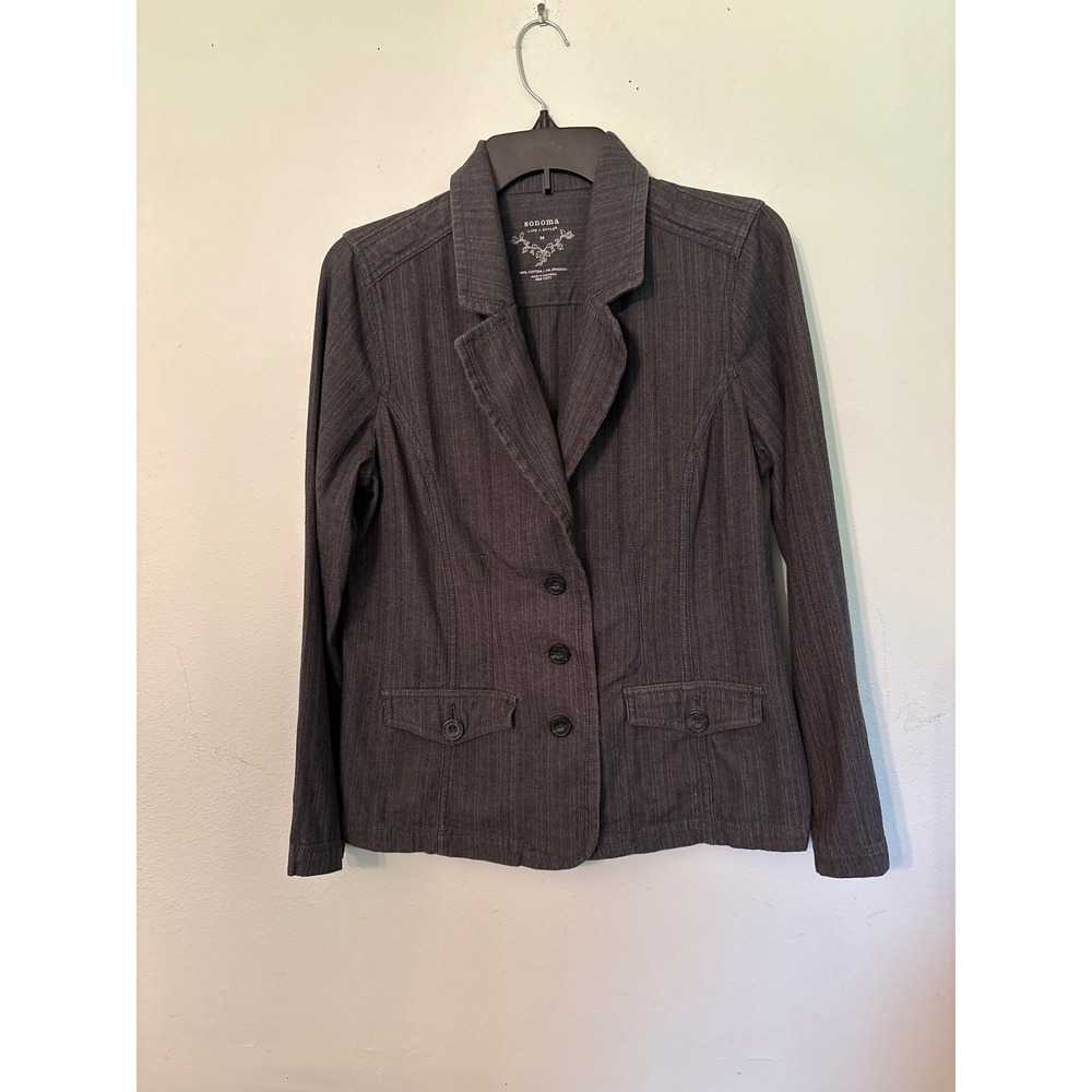 Sonoma Herringbone Blazer Women M Grey Excellent Three Button Cotton Stretch